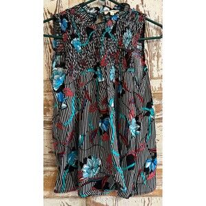 Purple Rain Boho Smocked Floral Rayon Sleeveless Top - Black Multi - Medium